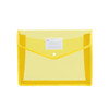 A yellow expanding document folder featuring a transparent front and a label area, with a closure button.
