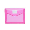 A pink envelope expanding document folder with a transparent front and a button closure. Features a label space on the front.