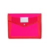 A pink expanding document folder with a red border and a clear label area on the front. It has a button closure.
