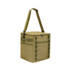 A foldable insulated cooler bag in olive green, featuring a sturdy strap and zip closure. It has exterior pockets and branding.