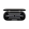 A pair of black true wireless earbuds stored in a black charging case with a silver hinge.
