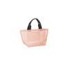 A premium small mesh beach tote bag in a soft pink colour with black handles and a logo.