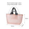 A large mesh beach tote bag in a soft pink colour with black handles, featuring both short and long handle options.