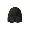 A black beanie with large round goggles attached, featuring a ribbed texture and a simple design.