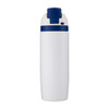 A drink bottle in white with a navy blue lid and a logo on it.