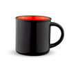 A drink mug in glossy black with a vibrant red interior. It has a sturdy handle and a smooth finish.