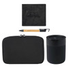 A black tech kit featuring a wireless charger, pen, and a sleek container. Includes a zipped pouch for storage.