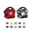 A red and a blue neoprene lunch bag with handles, featuring a logo on the red bag and a floral design on the blue one.