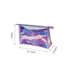 A purple travel cosmetic bag with a transparent, iridescent design, featuring dimensions of 21.3cm x 15cm x 6.8cm.