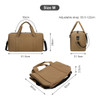 A durable tan duffle bag with adjustable straps and three different angles displayed. Features dimensions and a logo.