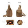 A tactical sling bag in a tan colour, featuring multiple compartments and a textured panel for attachment.