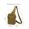 A tactical sling bag in khaki with multiple compartments and an adjustable strap. Features a logo. Dimensions included.