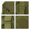 An olive green tactical sling bag featuring multiple zippered pockets, adjustable straps, and a velcro patch area.