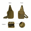 A tactical sling bag in olive green, featuring multiple exterior pockets and a spacious interior. It has a logo on the surface.