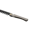 A folding comb with a sleek silver handle and a black, serrated edge. The comb features a compact design.