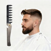 A folding comb in black and silver next to a man with a short haircut and beard, wearing a cape.