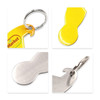 A drink bottle opener keyring in custom shape with a yellow plastic part and a metallic opener, featuring a logo.