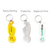A drink bottle opener keyring in yellow, silver, and white, featuring a logo on each design.