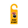 A custom shape acrylic door hanger in bright yellow with a design featuring a shushing hand and lips.