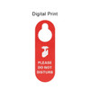A red PVC door hanger featuring a “Please Do Not Disturb” message and a logo.