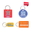 Custom shape plastic card key tags in red, blue, yellow, and orange, each with a keyring and unique QR code designs.
