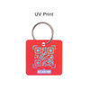 A square red plastic card key tag with a QR code and a silver keyring attachment.