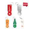 A collection of custom-shaped trolley coin keyrings in red, silver, orange, blue, and green, each featuring a keyring attachment.