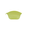 A silicone cosmetic bag in vibrant lime green with a curved design and zip closure.