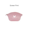 A pink silicone cosmetic bag with a curved design and a logo on the front.