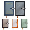 A5 magnetic buckle pocket notebooks in blue, black, orange, grey, and green, featuring various designs and a logo.