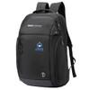 A black backpack featuring a logo, multiple pockets, and padded shoulder straps.