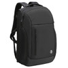 A black backpack with multiple zippers and a logo, featuring adjustable straps and a sleek design.