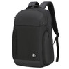 A sleek black backpack with a front zip pocket and padded shoulder straps, featuring a logo on the front.