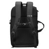 A black backpack with padded straps and a mesh back panel, featuring a logo and adjustable buckles.