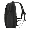 A black backpack featuring padded straps, multiple compartments, and a logo on the side.