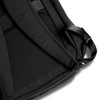 A black backpack featuring padded straps and a sleek design, with a discreet logo on the fabric.