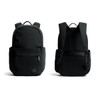A black backpack with dual compartments and padded straps, featuring a simple design and a logo.