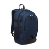 A navy blue laptop backpack with multiple compartments, zippers, and a side mesh pocket. It features a logo.