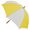 A large yellow and white umbrella with a wooden handle. It features a black central pole and a brand logo.