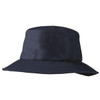 A navy blue bucket hat with a wide brim and a small logo. Ideal for sun protection and casual wear.
