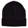 Acrylic beanie in black, featuring a folded brim and textured fabric, with a logo on the surface.