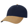 A navy and tan sueded peak cap with a curved brim and a logo.
