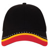 A black cap with a red and yellow curved strip along the brim, featuring a logo on the front.
