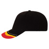 A black cap featuring a red, yellow, and orange patterned brim and a logo on the side.