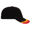 A black cap featuring a red and yellow curved peak, with decorative elements along the front. It has a logo on the side.