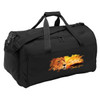 A black duffle bag with a lion graphic design and a logo. Features dual handles and a shoulder strap.