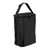 A drink bottle cooler in black, featuring a zippered top and a shoulder strap for easy carrying.