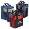 A large cooler bag in navy blue, grey, black, and red with shoulder straps and a front pocket. Features a logo.