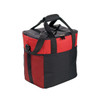 A large cooler bag in red and black with handles and mesh pockets, featuring a logo.