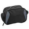 A black toiletry bag with grey accents, featuring a zippered main compartment and side pocket, along with a logo.